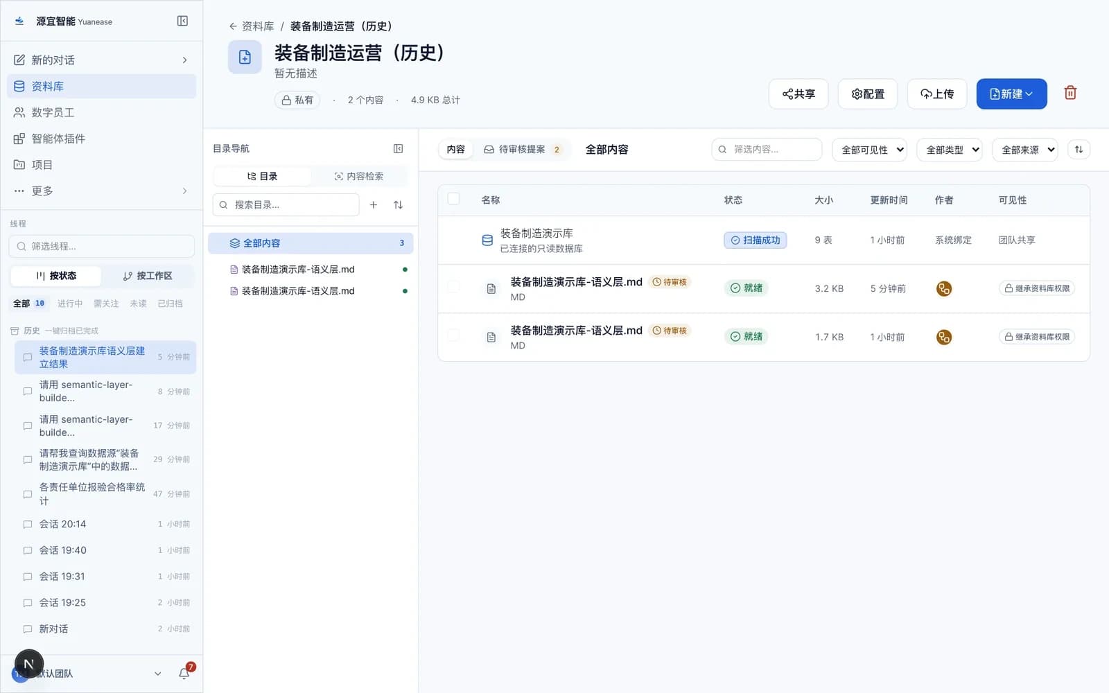 资料库内容列表中新增的语义层文件，状态标注为待审核，作者为数字员工
