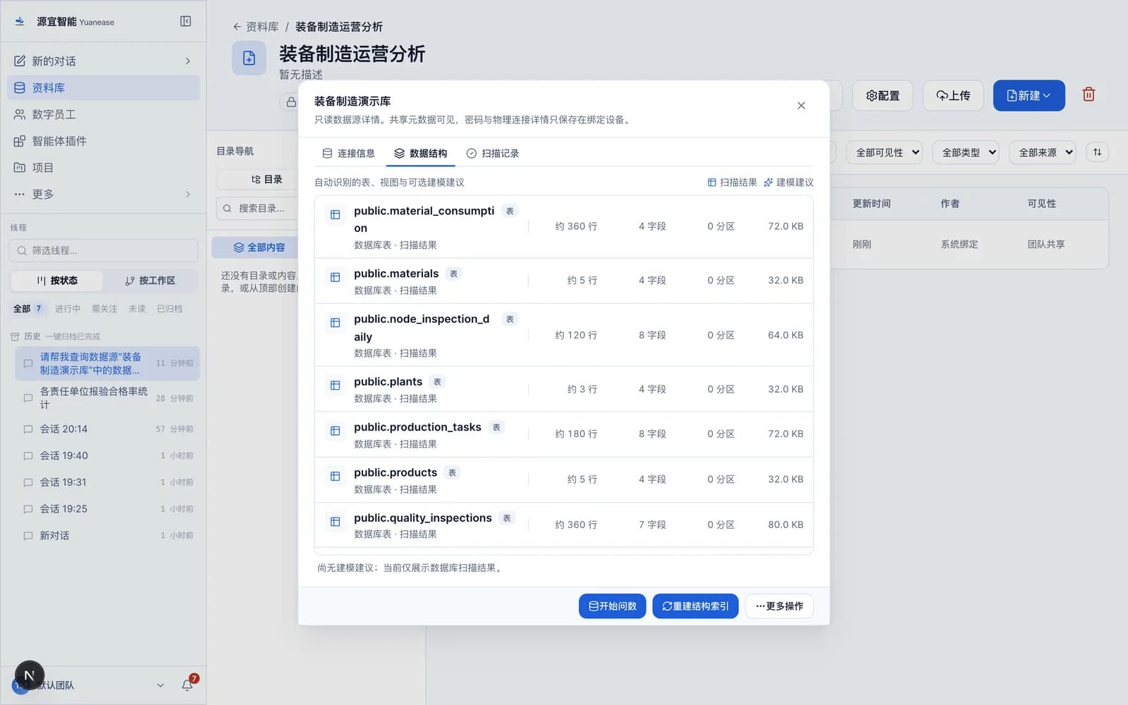 数据源详情中的数据结构页签，逐张列出识别到的表、字段数量、行数估算与占用空间